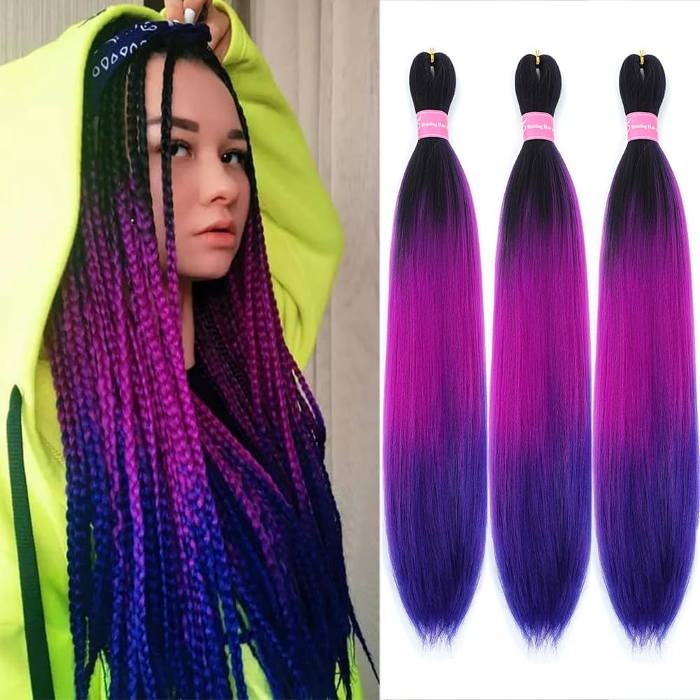 AFNOTE Pre Stretched Braiding Hair Extensions for Braids 26 Inch 3 Packs Ombre Purple Braiding Hair Pre Stretched Professional Synthetic High Temperature Braid Hair Extension-Black/Purple Red/Purple