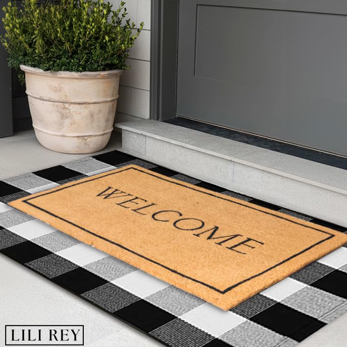 LILI REY Black and White Checkered Rug - Premium 3' x 5' Buffalo Plaid Outdoor Rug - Front Porch Cotton Rug Entryway Patio - Buffalo Check Rug - Plaid Door Mat - Farmhouse Decor Washable