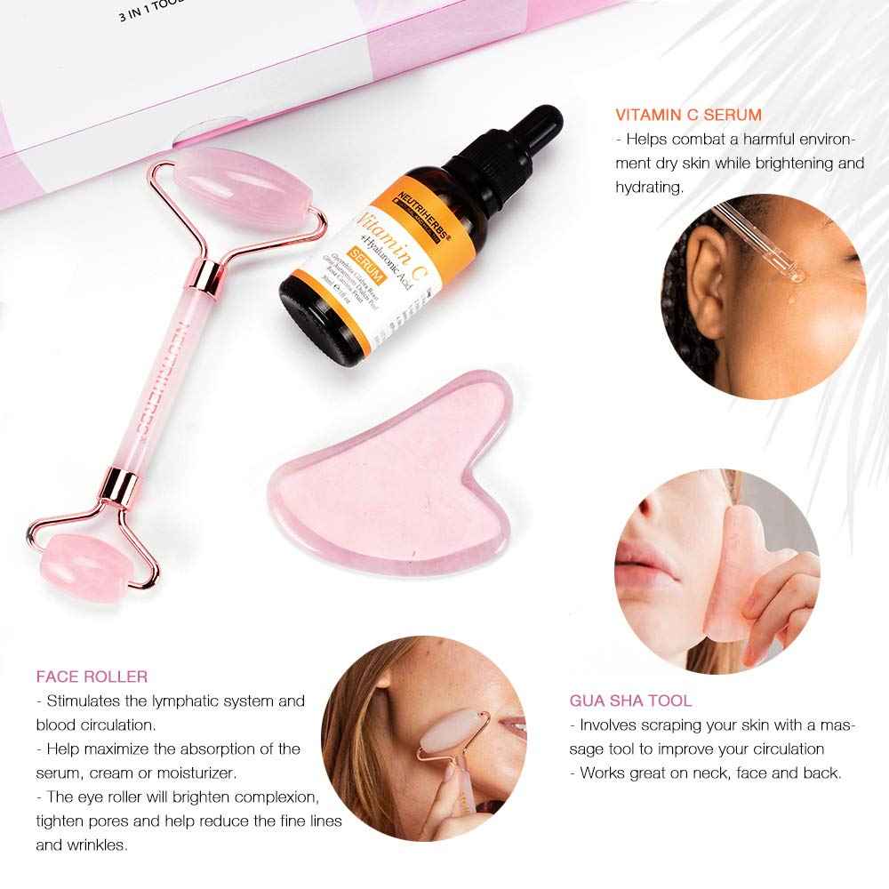 NEUTRIHERBS Jade Gua Sha & Face Roller & Vitamin C Serum Facial Tool Set(3 in 1 Kit), Home Face Massager for Wrinkle,Fine Line,Puffiness,Firm Smooth Relax Skin -- Pink