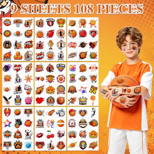 108 Basketball Temporary Tattoos for Kids, Waterproof & Pre-Cut