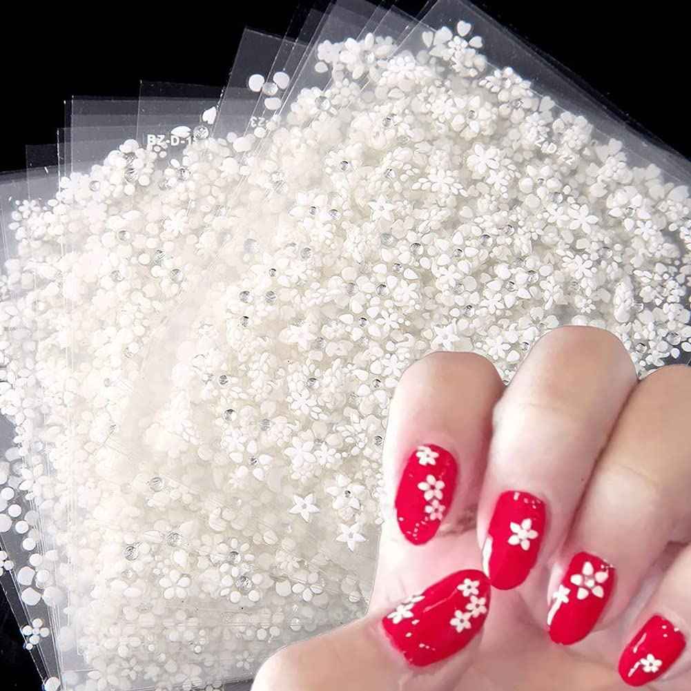 30 Sheets Flower Nail Art Stickers 3D Nail Art Supplies Self-Adhesive Nail Decals White Flower Stickers with Rhinestones Nail Designs for Women Floral Manicure Tips Accessories DIY Nail Decorations