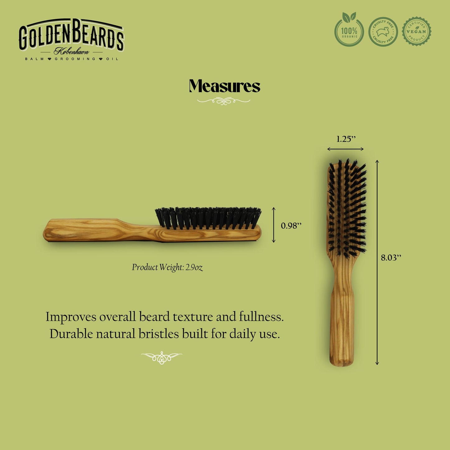 Golden Beards Big Beard Brush – Pear Wood Handle & Natural Boar Bristles – Large Beard Grooming Brush for Thick, Long Beards – Handmade, Vegan & Cruelty-Free