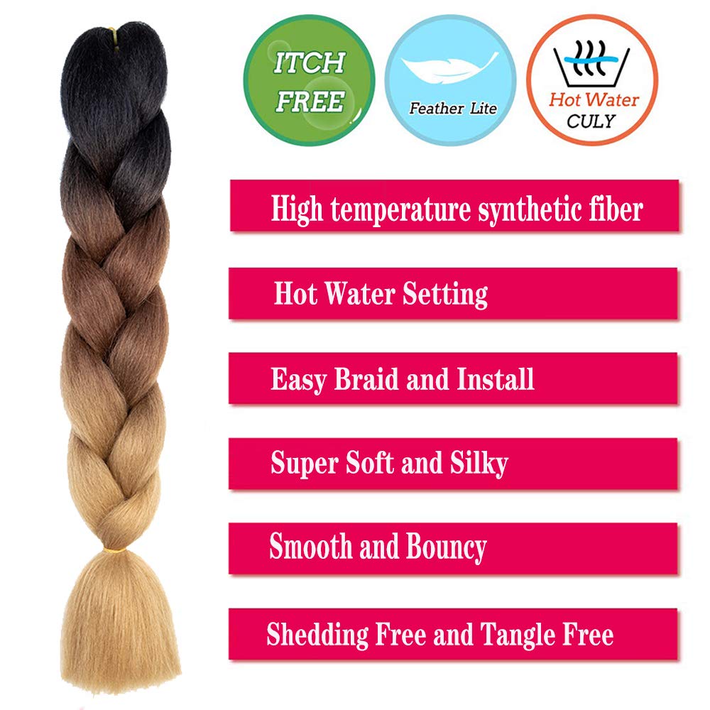 YUKAYULA 3 Packs/Lot 24'' Braiding Hair Extensions Hot Water Setting Yaki Texture Synthetic Ombre Jumbo braids hair For Women (24 Inch, Black to Red to Blue)