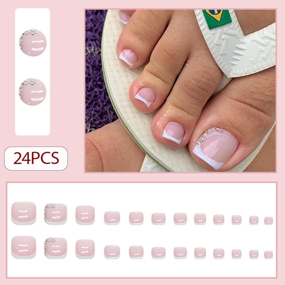 WAFOLOZE Press on Toenails Fake Toe Nails,Short Toe Nail Press ons,Glossy Toe Nails Press on Designs,Artificial Toenail Press on nails White French Tip Toe Nails for Women 24Pcs (F)