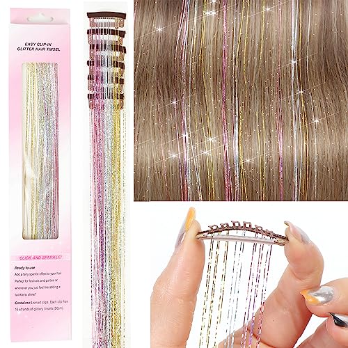 BAOTA Pink Hair Tinsel Clip in 20 inch Fairy Hair Tinsel for Kids Women Girls Dazzle Hair Accessories Glitter Hair Extensions for Christmas Halloween Cosplay Party