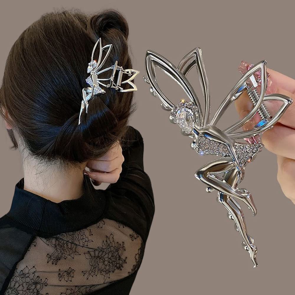 Metal Sliver Hair Claw Clips Spirit Hair Clips with Crystal Rhinestones Design Elf Shiny Large Hair Crab Clips Hair Barrette Exquisite Luxury Shark Clip Hair Accessories for Women Birthday Gift 1Pcs