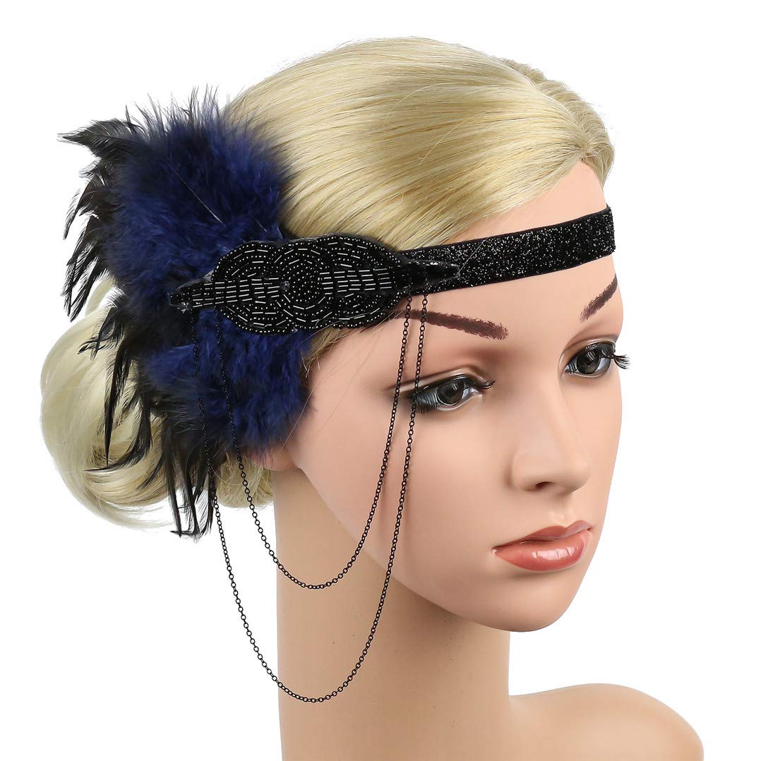 Lovfingu Women's 1920s Great Gatsby Headband Vintage Feather Flapper 20s Headpiece Vintage Party Hair Accessories21Blue