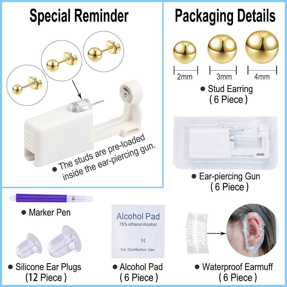 VitaCool Ear Piercing Kit Disposable Ear Cartilage Piercing Gun Kit with Sterile Multi-Sized CZ Studs Easy and Safe Earring Self for Yourself Use at Home (Style I-Ball-2/3/4mm-G)