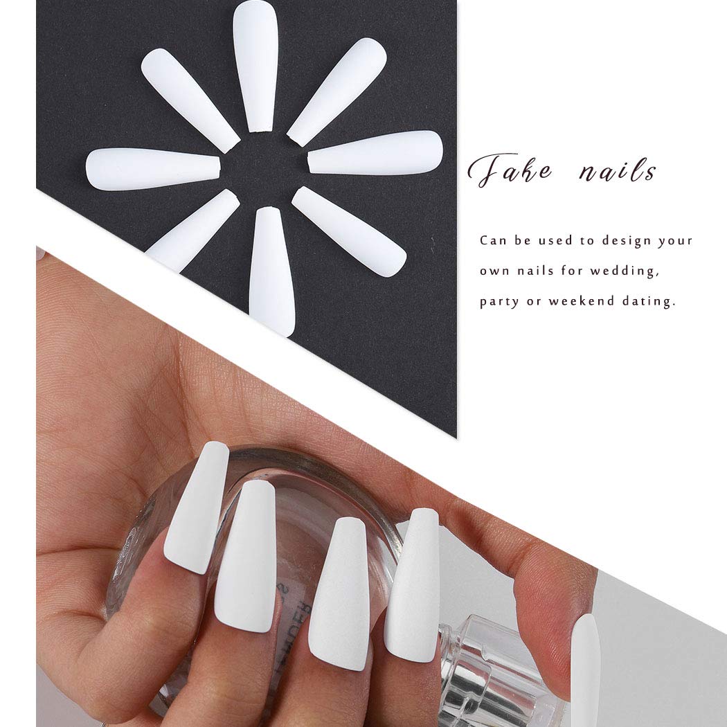 Gangel Pure White Matte False Nails Ballerina Fake Nail Artificial Full Cover Extra Long Fake Nails Coffin Acrylic Press on Nails for Women and Girls 24Pcs (WHITE)