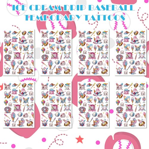 Ice Cream Baseball Temporary Tattoos - 8 Sheets 200+ Designs