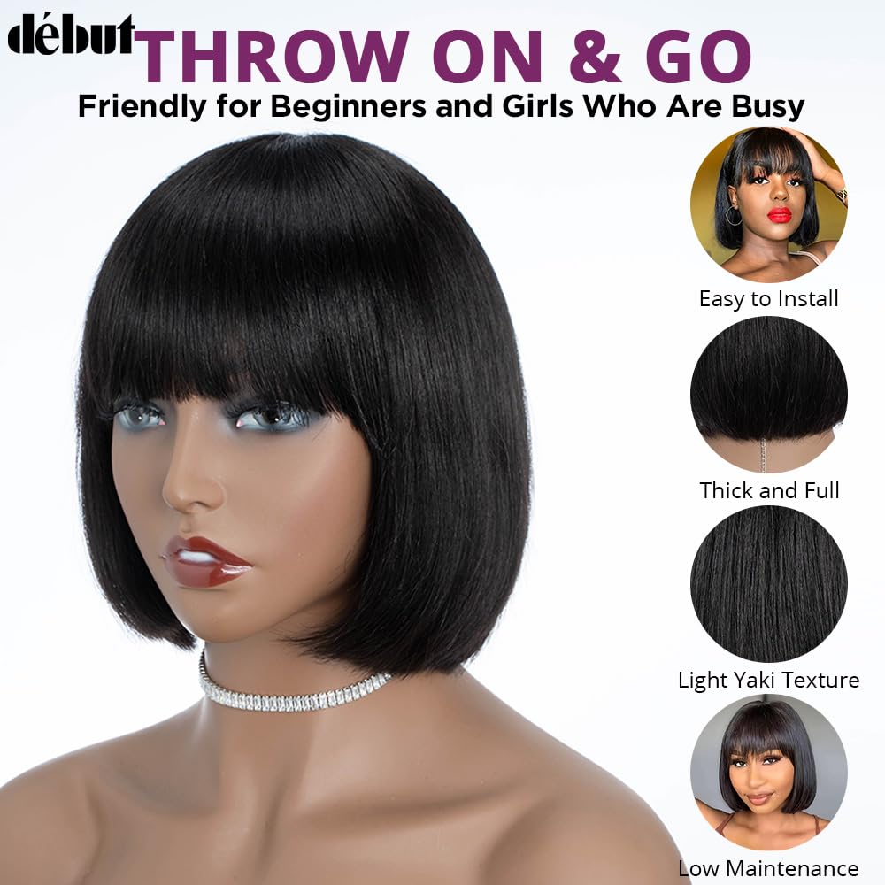 DÉBUT Short Bob Straight Wigs with Bangs Brazilian Human Virgin Hair Natural Black Non Lace Front Glueless Wig Brazilian Virgin Remy Hair 8 Inches