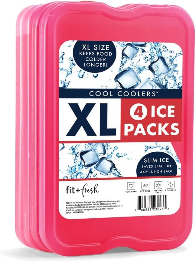 Cool Coolers by Fit & Fresh 4 Pack XL Slim Ice Packs, Quick Freeze Space Saving Reusable Ice Packs for Lunch Boxes or Coolers, Pink