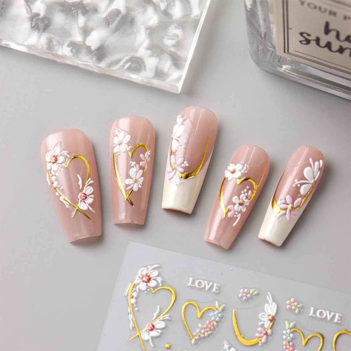 JMEOWIO 3D Embossed Flower Nail Art Stickers Decals Self-Adhesive 5D Spring Summer Floral Nail Supplies Nail Art Design Decoration Accessories 4 Sheets