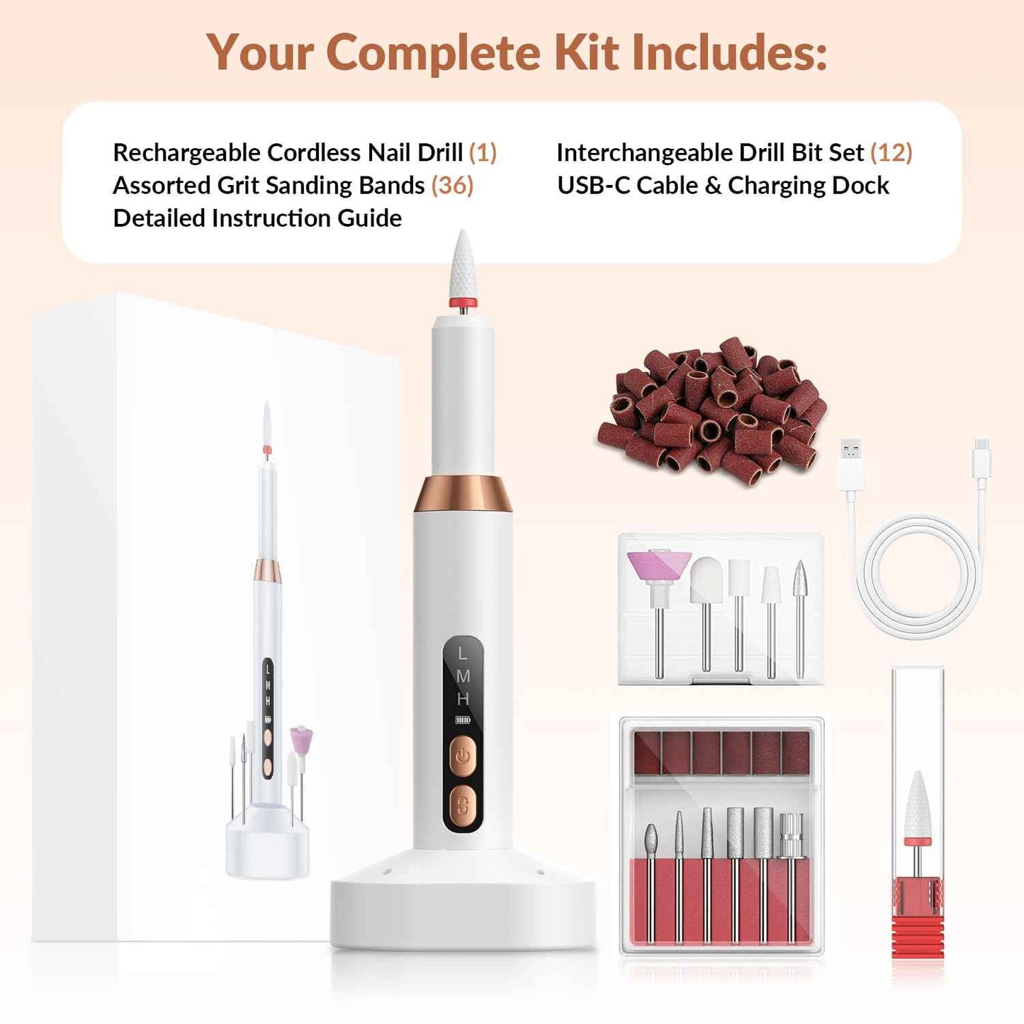 Cordless Rechargeable Nail Drill Kit, 12 Professional Bits & 36 Sanding Bands, 30000RPM Electric Nail Drill Machine, Dual Rotation Ambidextrous Electric Nail File for Acrylic, Gel & Natural Nails