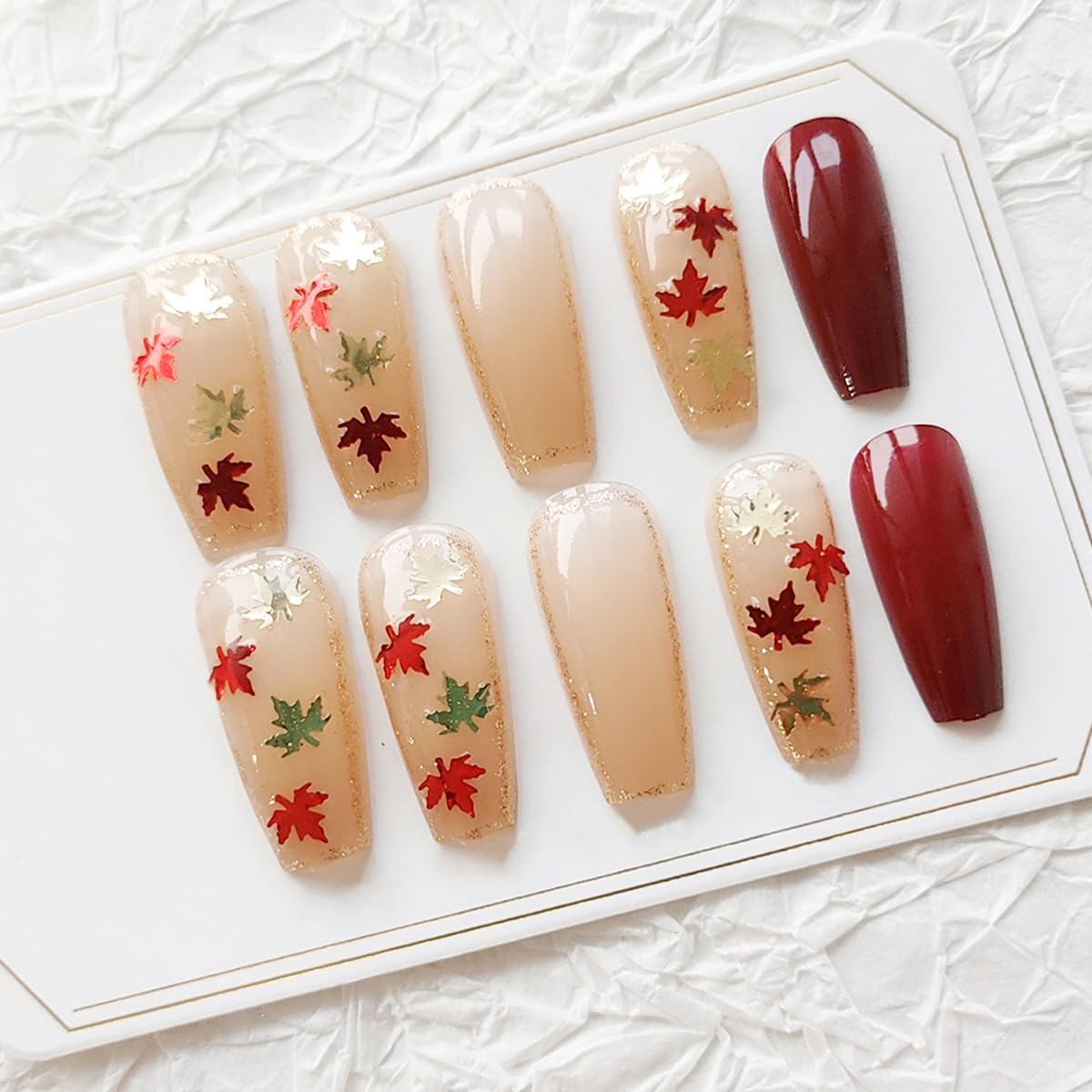 Fall Maple Leaf Press on Nails Medium Length with Maple Leaves Sequins Glitter Designs,Coffin Fake Nails Red Acrylic Acrylic Artificial Manicure for Women Girls Nail Decoration, 24PCS