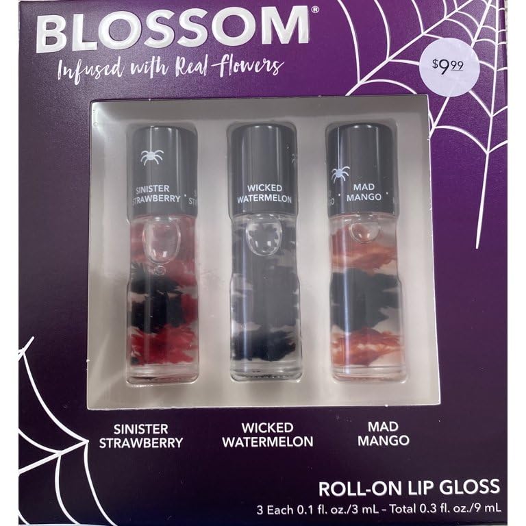 Blossom Scented Roll-On Lip Gloss 3-Pack with Real Flowers