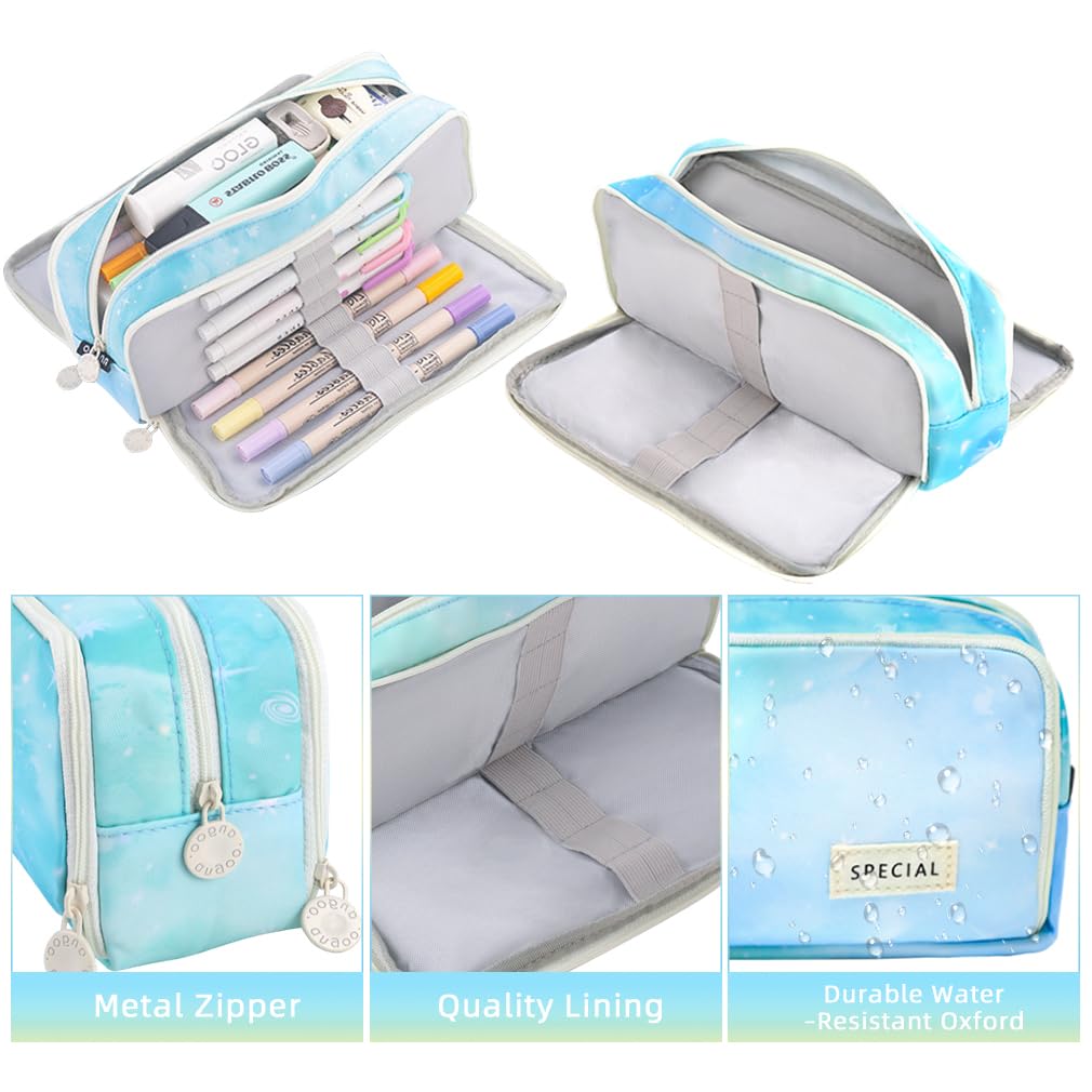 iSuperb Large Pencil Case 3 Compartments Pencil Pouch Big Capacity Pencil Bag for Kids Teen Child Student School Supplies Oxford Storage Pen Bag Cosmetic Makeup Pouch (Dearm Blue)