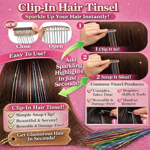 Hair Tinsel Clips 12 Pcs Pink Glitter Extensions Heat Resistant
