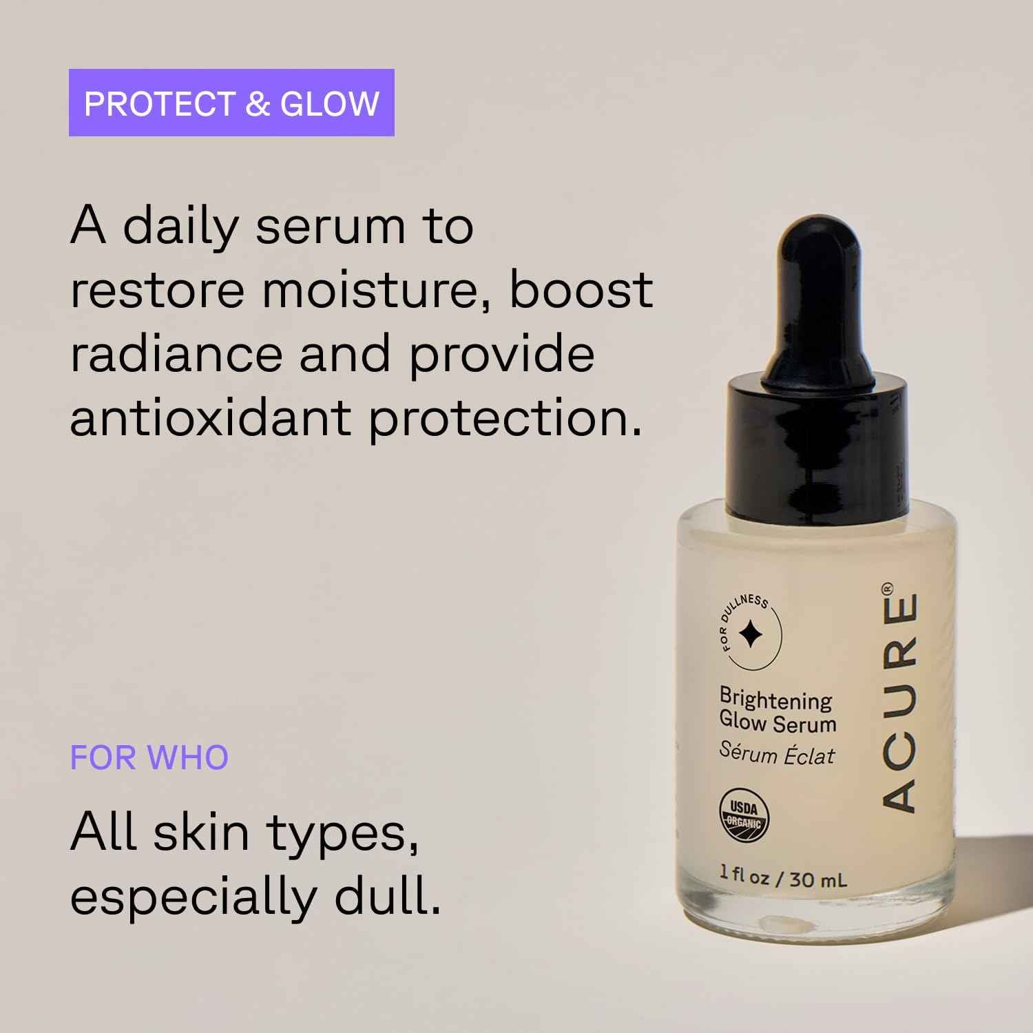 Acure Brightening Glow Serum - Anti Aging Face Serum, Bright Glow for Women & Men, Facial Skincare with Argan Oil and Cranberry Seed Oil, Vegan & Cruelty Free - 1 fl oz