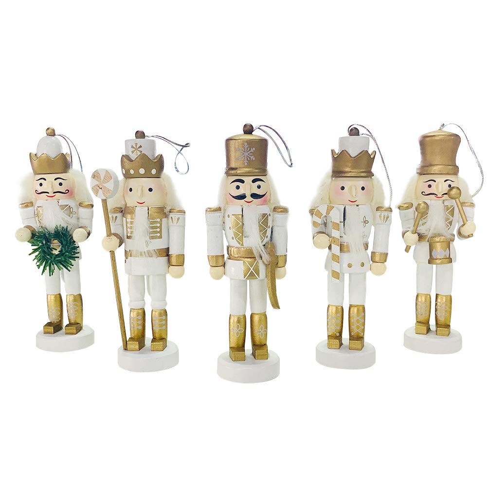 BlueSpace Christmas Nutcracker Ornaments Set Wooden Nutcrackers Hanging Decorations for Christmas Tree Figures Puppet Gifts (5", White)