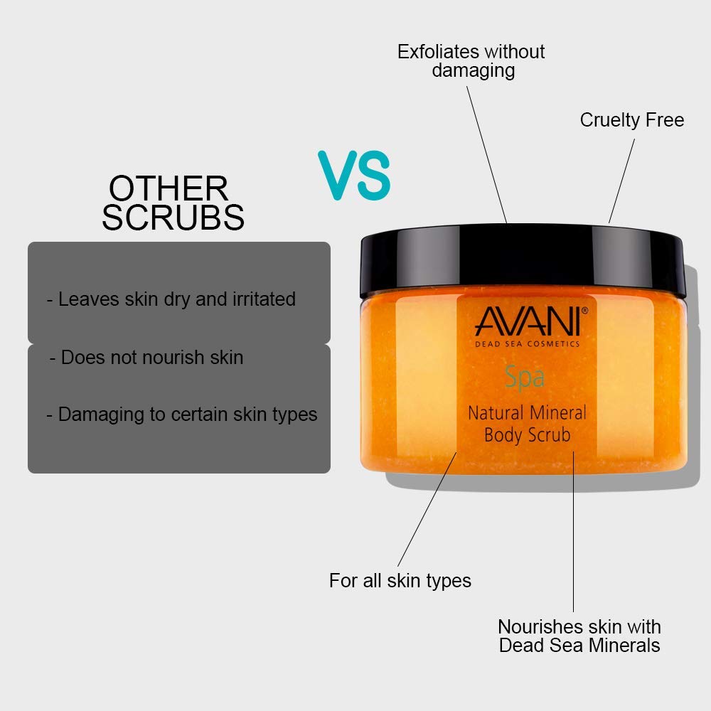 Avani Natural Mineral Body Scrub - Dead Sea Salt, Vitamin E, Jojoba, Sunflower, Sweet Almond - Exfoliating Formula for All Skin Types - Milk/Honey