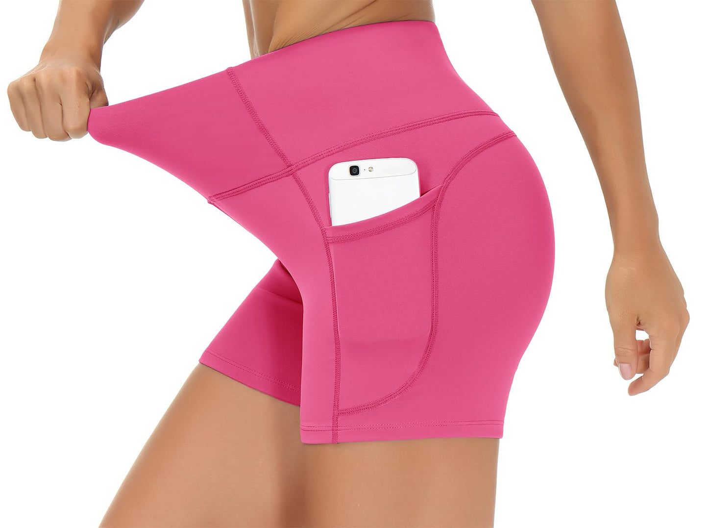 THE GYM PEOPLE High Waist Yoga Shorts for Women's Tummy Control Fitness Athletic Workout Running Shorts with Deep Pockets Bright Pink