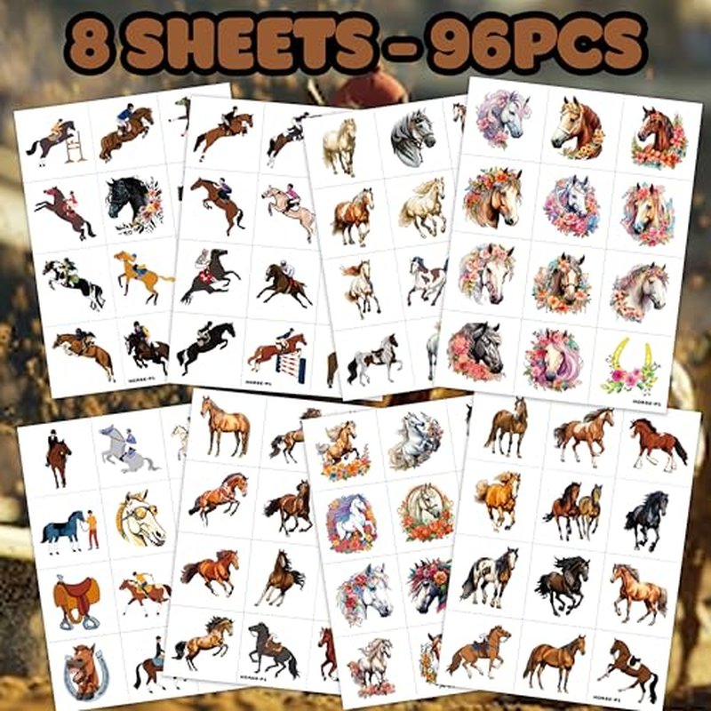 96 PCS Floral Cowgirl Horse Derby Pre-Cut Temporary Tattoos Birthday Party Favors Decorations Supplies Stickers Racing Pink Wild Horse Rodeo Cowboy Girls Boys Men Gift School Prizes Rewards (Normal)