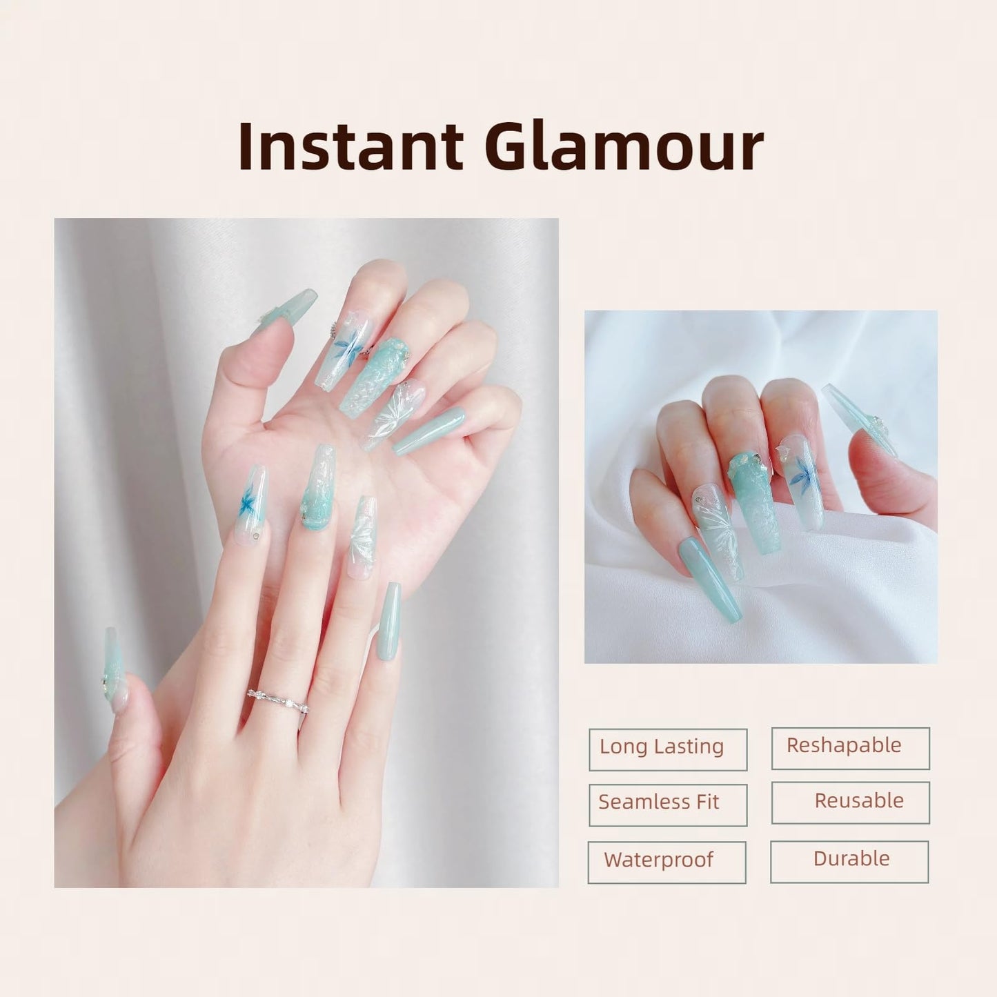 LARSOOY Nails Handmade Press on Nails Long Coffin | Handmade Nails with Mint Mambo Crystal Butterfly | Reusable Fake Nails for Cool Summer | False Nails 10 Pcs (Blue Dreamscape, M)