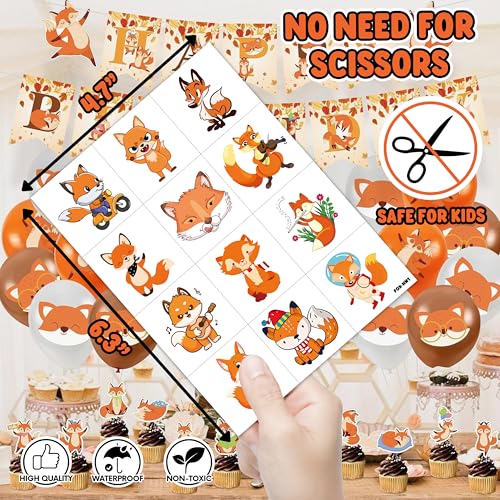96PCS Cute Fox Temporary Tattoos, Pre-Cut Woodland Party Favors
