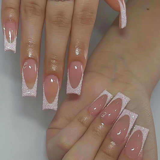 French Tip Fake Nails Medium Square Press on Nails Pink False Nails Glitter with Designs Acrylic Nails Glossy Full Cover Glue on Nails for Women Girls 24Pcs