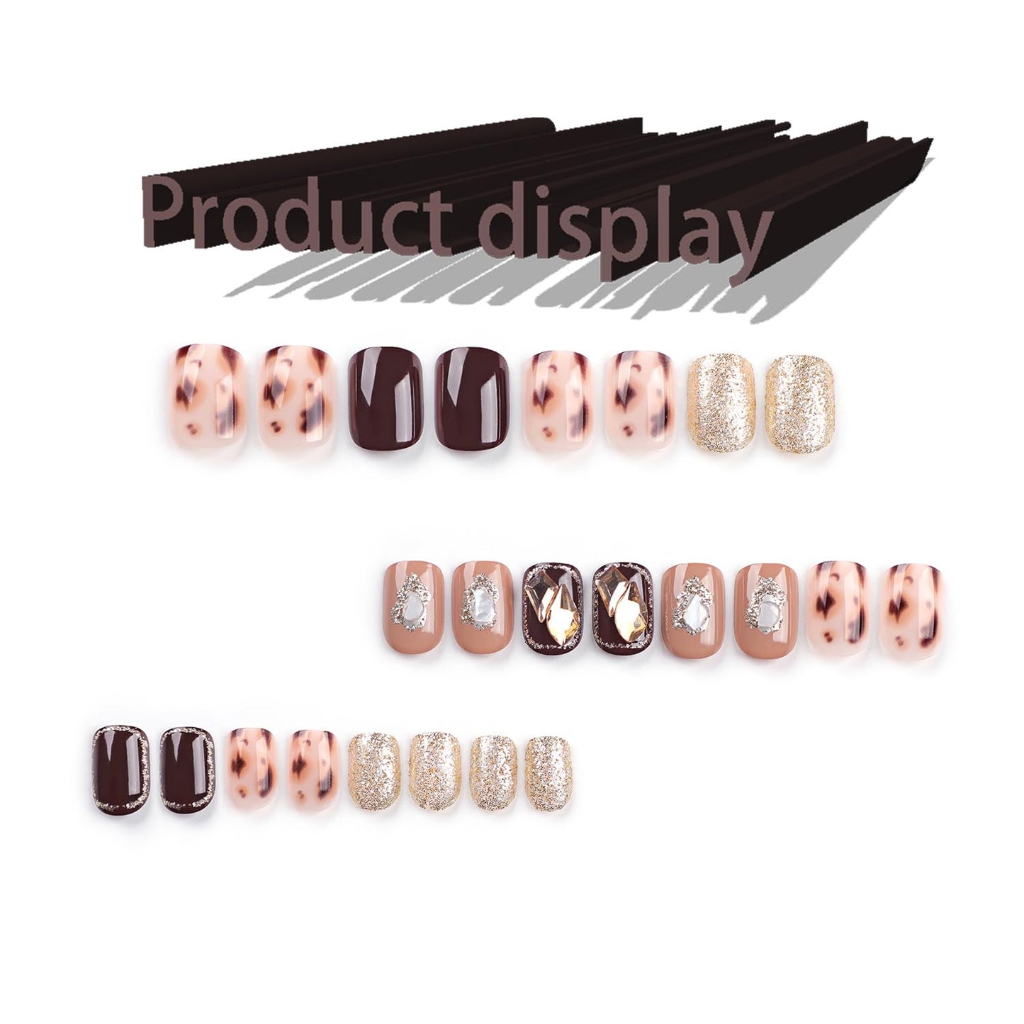 24 Pcs Press on Nails with Rhinestones Designs, Glossy Glitter Fake Nails, Sparkly False Nails Short Coffin Shape Crystal Full Cover Acrylic Nails with Glue Stick on Artificial Fingernails for Women