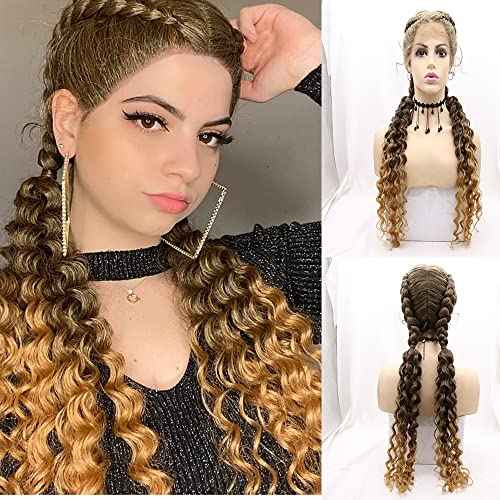 xiweiya Brown Braided Wig Double Dutch Braided Curly Sytnhetic Lace Front Wigs100% Human Hand Bouncy Curly Copper Brown Blonde Lace Front Wig with Baby Hairs for Women 26inch