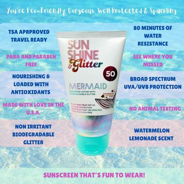 NEW! SUNSHINE & Glitter- Seastar Sparkle - Mermaid Watermelon Lemonade Scented Sunscreen lotion - SPF 50 - Biodegradable Glitter Sunscreen, Water Resistant, Cruelty Free, Kid Safe, Made in USA, 3.4oz