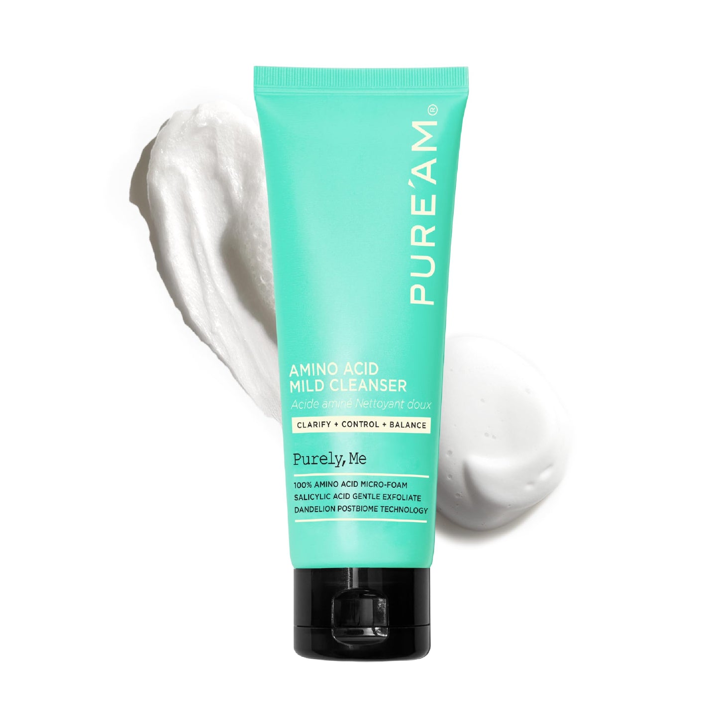 PURE'AM - Gentle Face Wash with Amino Acids, Salicylic Acid - 4.05 Fl.oz, 120ml - Korean Face Cleanser - Clarifying, Foaming, Deep Pore Cleaning, pH Balancing, Oil Control - Authentic Korean Skin Care