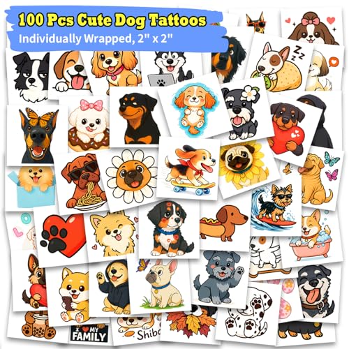 Dog Temporary Tattoos for Kids, 100 Pcs Party Favors
