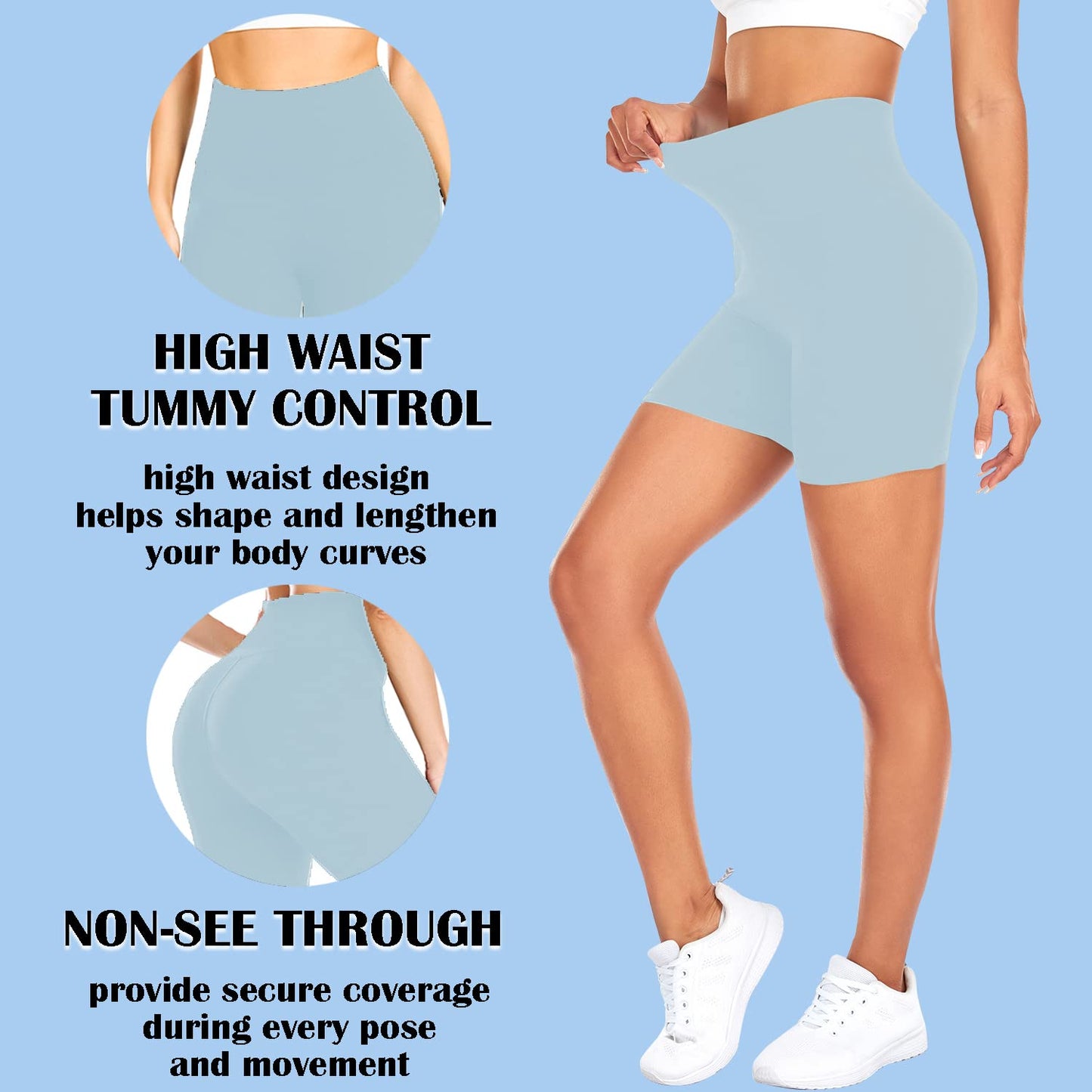 FULLSOFT High Waisted Biker Shorts for Women-5" Tummy Control Fitness Athletic Workout Running Yoga Gym Soft Shorts (Baby Blue,Small-Medium)