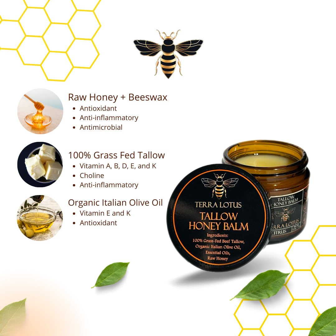 Terra Lotus Organic Grass-Fed Beef Tallow Balm with Raw Honey - Moisturizing Cream for Soft, Smooth Skin - Handmade All-Natural Moisturizer - 2oz (Lavender)