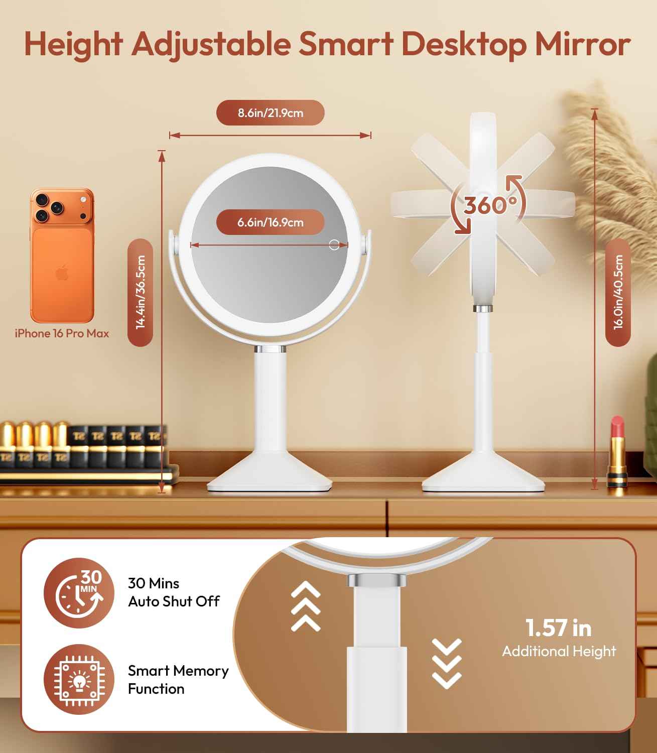 Glowtop Lighted Makeup Mirror with Lights and Magnification 30X/1X, Height Adjustable 30X Magnifying Vanity Mirror with 4000mAh Battery & 3 Colors Dimming Light for Desktop Bathroom Bedroom (White)