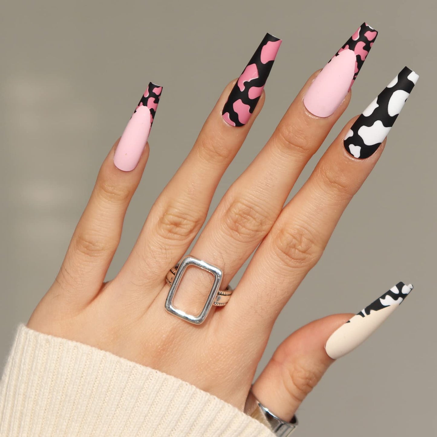 BABALAL Long Press on Nails Coffin Fake Nails Cow Print Nails Ballerina Nails Matte False Nails for Women and Girls