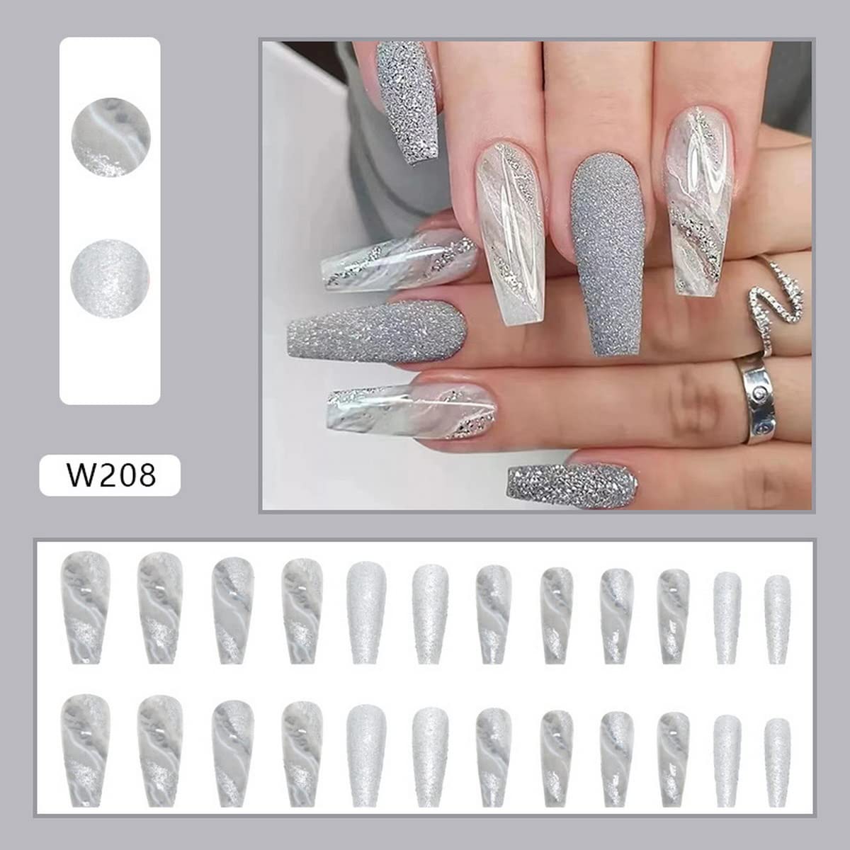 Long Press On Nails Cute Fake Nails Marble Acrylic False Nail Advanced Grey Glue on Nails Full Cover Coffin Stick on Nails for Women Manicure Decorations 24Pcs