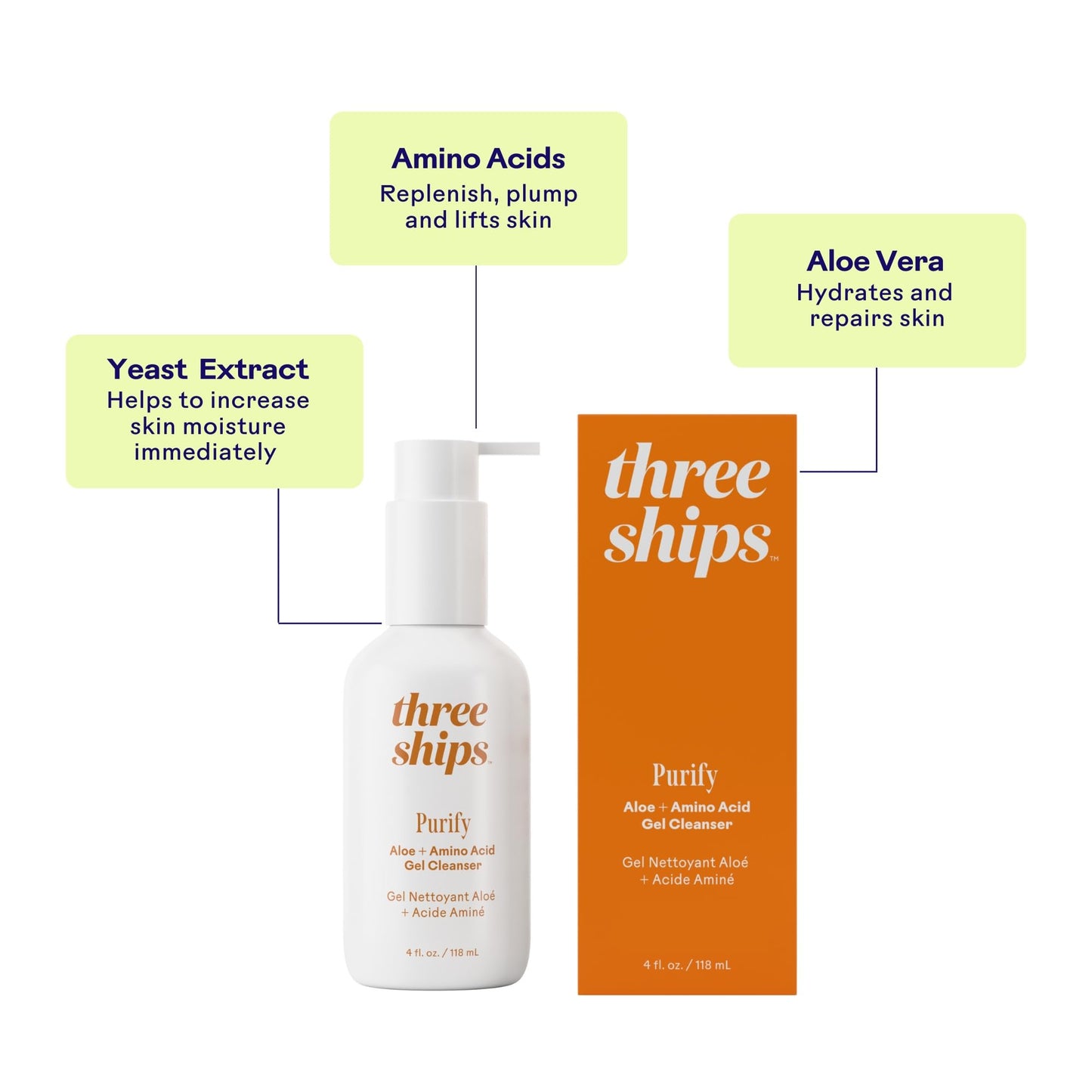 Three Ships - Purify Aloe + Amino Acid Gel Cleanser | Moisturize, Cleanse, Replenish Skin | Cruelty-Free, Vegan, Paraben-Free, Sensitive Skin Safe (4 fl oz | 118 mL)