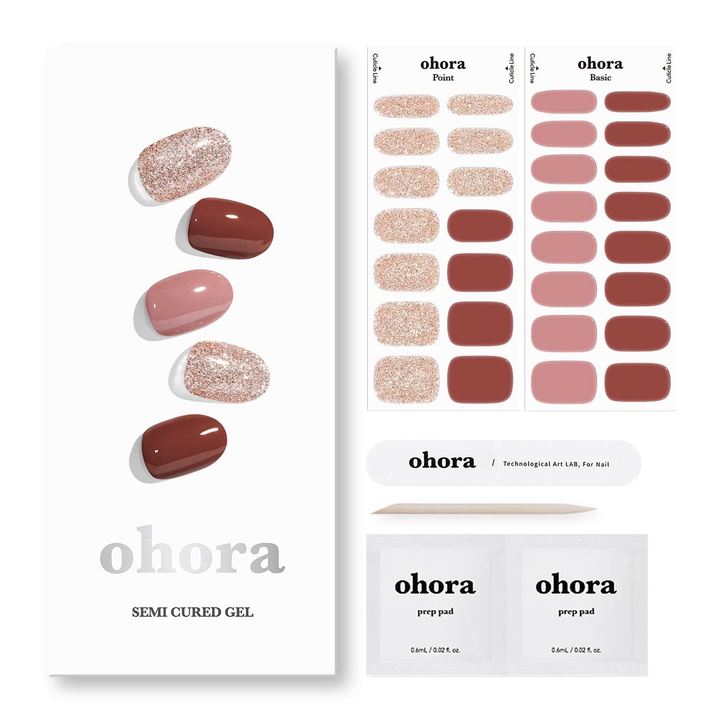 ohora Semi Cured Gel Nail Strips (N Heimish) - Brown, Glitter, Works with Any UV/LED Nail Lamps, Salon-Quality, Long Lasting, Easy to Apply & Remove - Includes 2 Prep Pads, Nail File & Wooden Stick