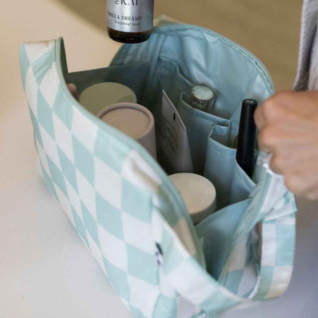 Tiny Twinkle Waterproof Travel Toiletry & Makeup Bag Organizer | Large Capacity Cosmetic Case with Compartments & Handle, A Thoughtful Travel Companion for Women（Sage Checkers