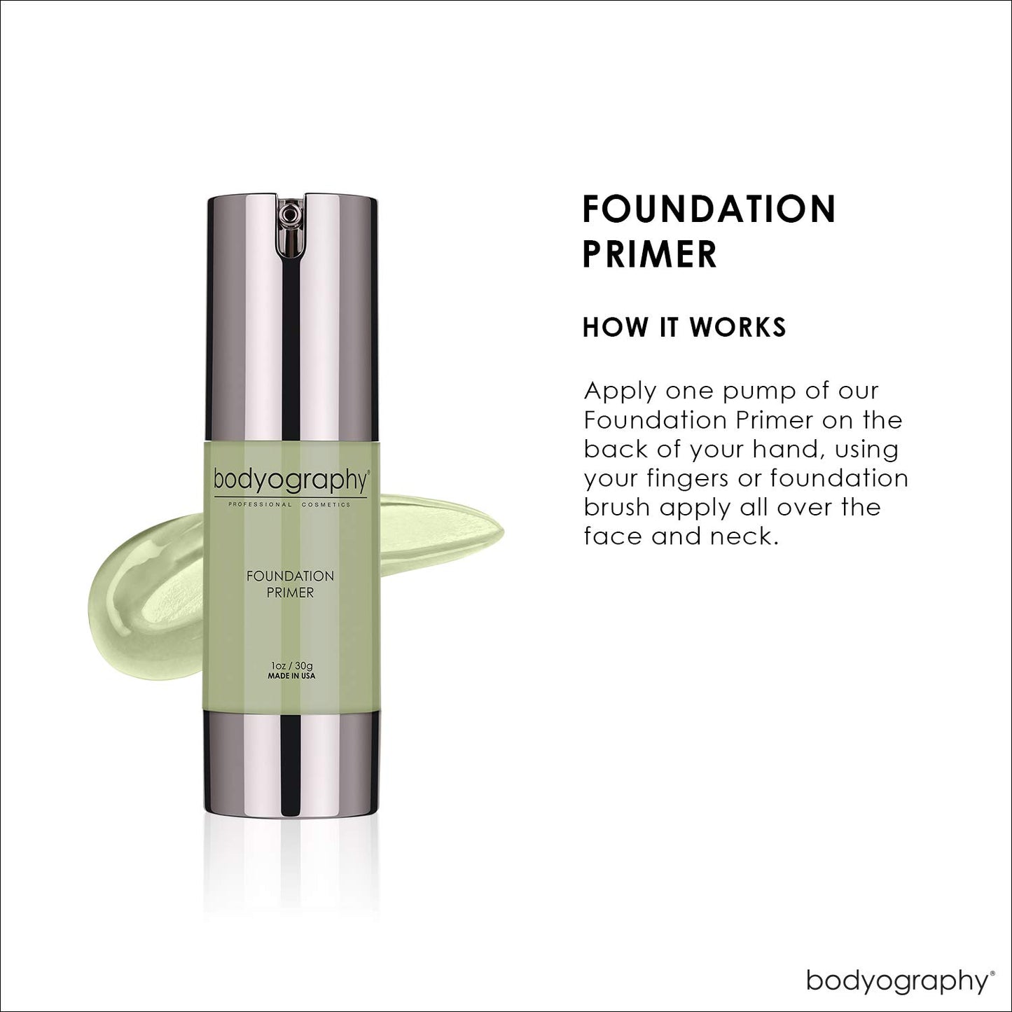 BODYOGRAPHY - Foundation Primer (Green): Flawless Anti-Aging Salon Makeup Primer w/Vitamin E, A, Jojoba, Grapeseed Oil | Control Shine | Gluten-Free, Cruelty-Free, 1 oz.