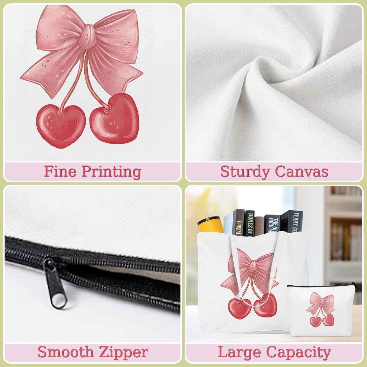 Aesthetic Bow Cherry Canvas Tote Bag Beach Tote Bag for Women with inner Pocket, Cute Bow Lovers Gift for Women Girls Bestie Sister Birthday Christmas Reusable Shopping Grocery Bags with Makeup Bags