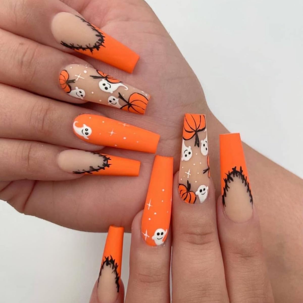 24pcs Extra long Hallowee Press on Nails Coffin Fake Nails French Yellow Full Cover Stick on Nails with Pumpkin and Ghost Designs False Nails Artificial Matte Acrylic Glue on Nails for Women