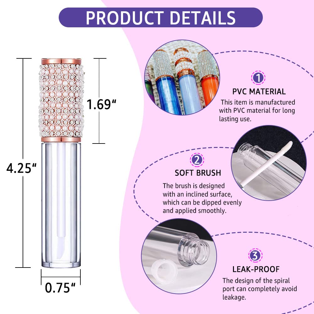 AMORIX 24 Pack 5ml Lip Gloss Tubes with Wand Multi-styles Rhinestone Lip Gloss Containers Crystal Lip Gloss Supplies Kit + 2pcs Syringes + Labels for DIY Lip Gloss Base