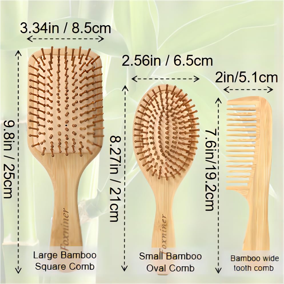 Foxniner Bamboo brush,bamboo hair brush,wooden hair brush,Eco Friendly Paddle Hairbrush for Women Men and Kids Make Thin Long Curly Hair Health and Massage Scalp· (-Bamboo Hair Brush Set+1xcomb)