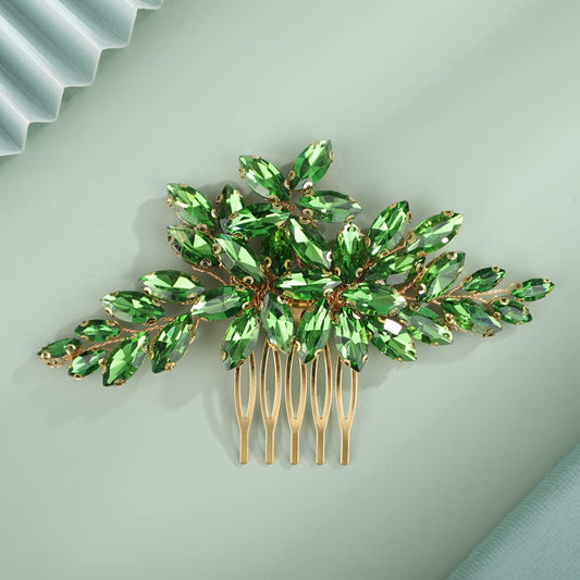 Kercisbeauty Wedding Bridal Emerald Crystal Gold Hair Comb Side Headpiece for Women Girls Prom Boho Updo Handmade Hair Accessories (Green)