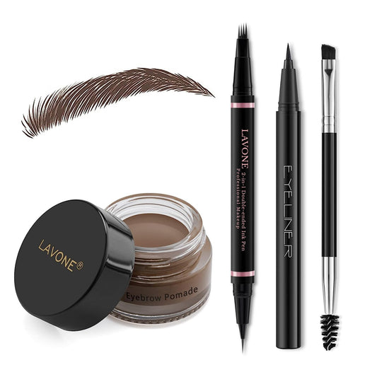 Eyebrow Pencil Makeup Kit, with Waterproof 2-IN-1 Microblading Eyebrow Pen, Eyebrow Pomade, Eyeliner and Dual-ended Eyebrow Brush, Brow Pencil Kit for Natural Eyebrows - Dark Brown